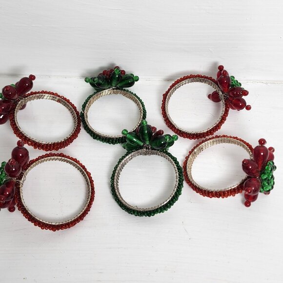 6 Red Green Glass Beaded Napkin Rings Holders Floral Set vtg holiday Christmas - Picture 9 of 11